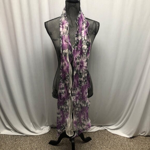 Dual White Sheer Lightweight Scarf with Purple Gray Floral 10x92 in Versatile - Picture 2 of 7